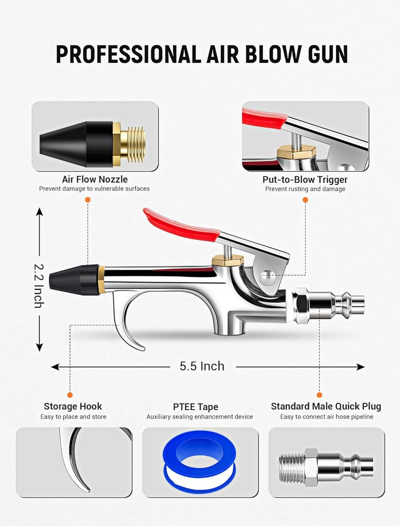 JASTIND 4Pcs Air Blow Gun Kit, 2-Way Connection Air Nozzle Blow Gun with Rubber Tip & 1/4IN Standard Quick Plug, Air Compressor Accessories Blower Gun for Dust Cleaning - Image 2